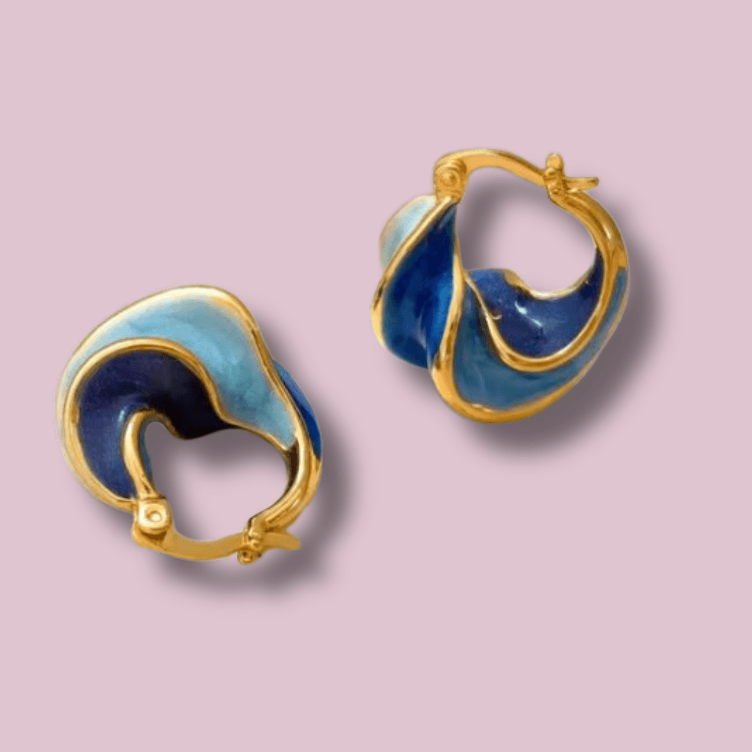 French Retro Luxury Blue Enamel Huggie Hoop Earrings (14K Gold-Plated)