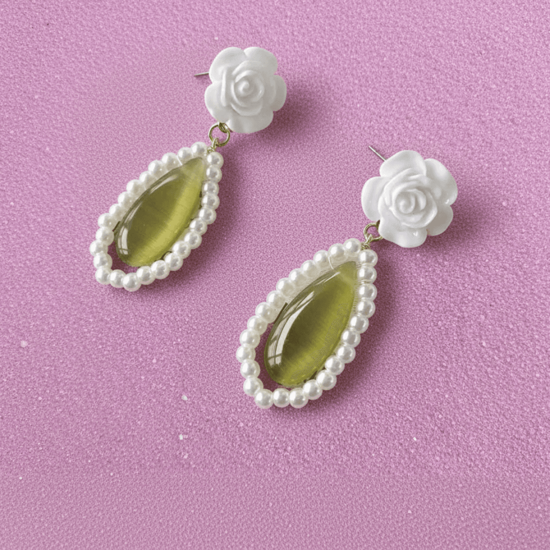 Korean Retro Cat Eye Stone & Pearl Drop Earrings