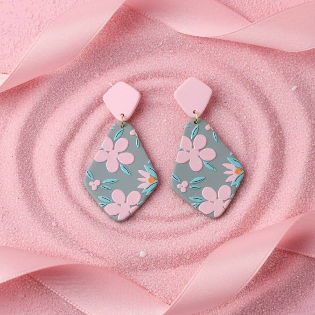 “Petal & Slate” Pink Floral Diamond Dangle Earrings-In Nepal