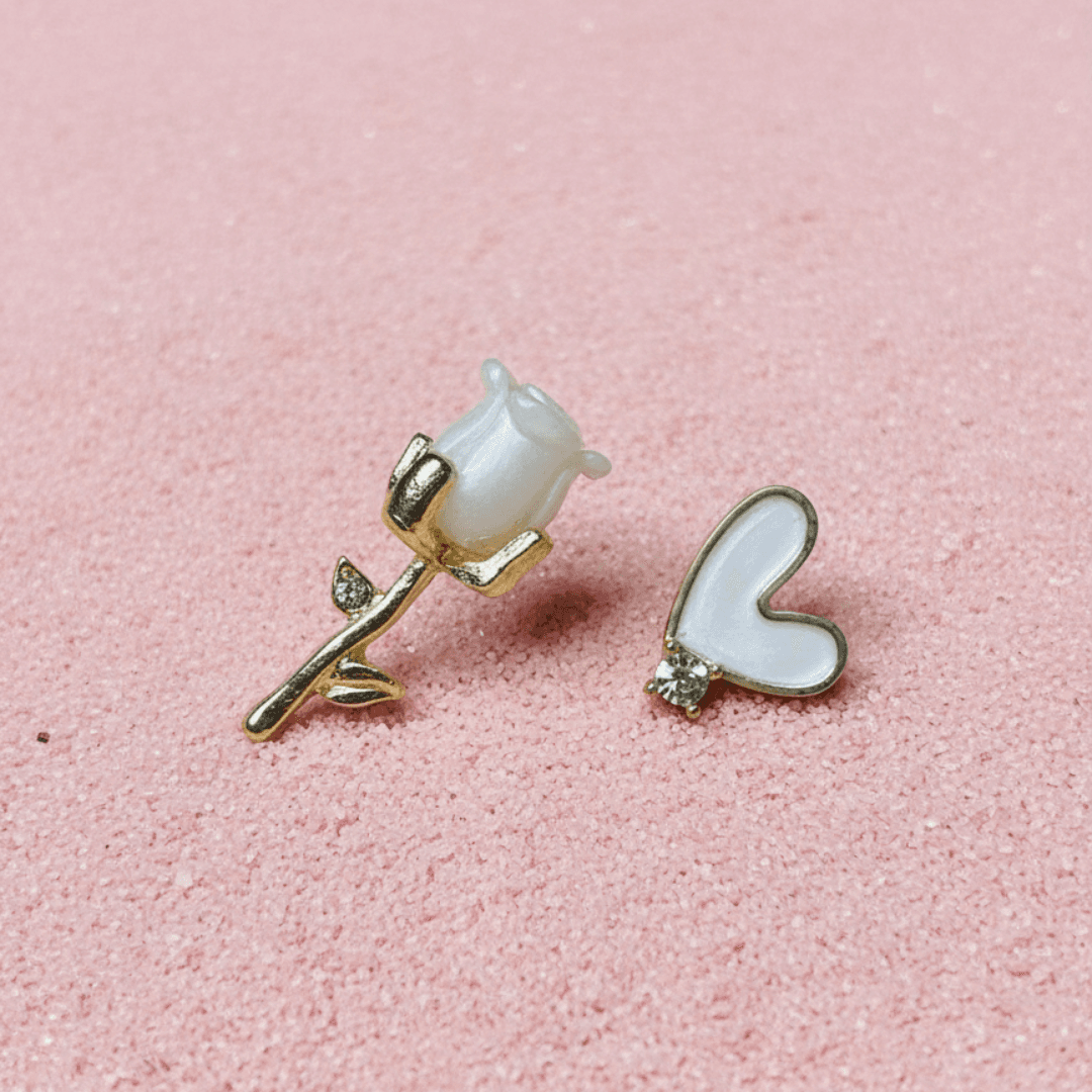Trendy Gold-Plated Rose & Heart Asymmetrical Stud Earrings