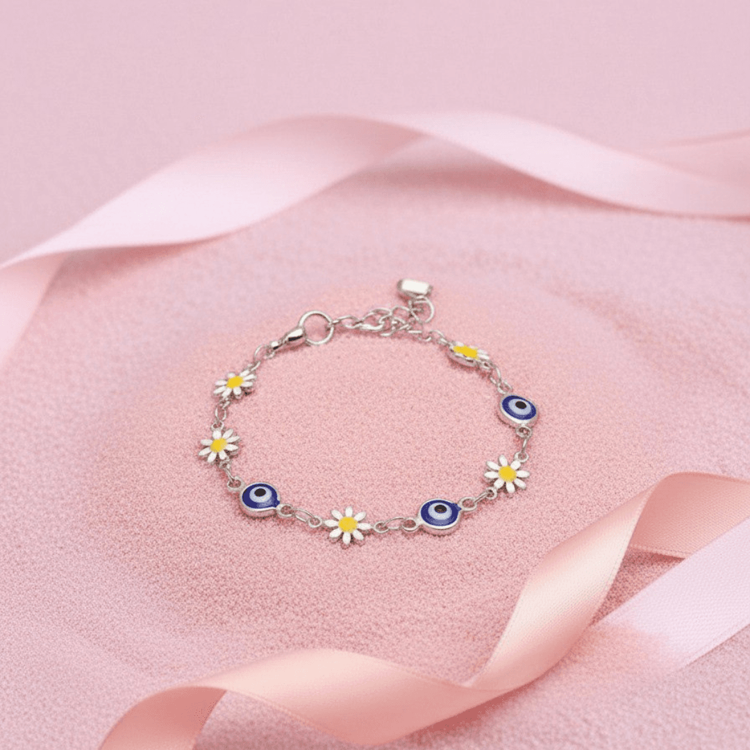 Trendy Silver-Toned Evil Eye & Daisy Charm Bracelet