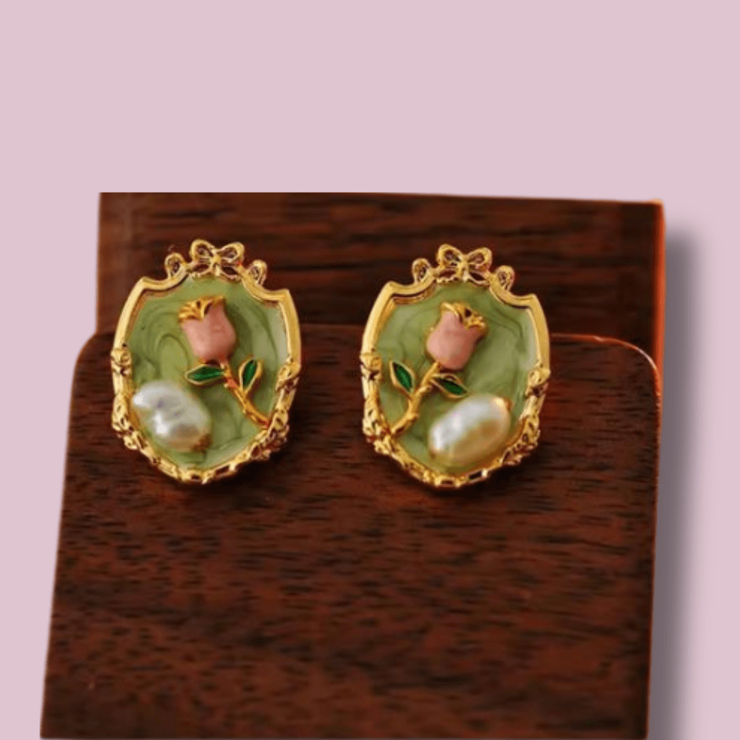 Vintage Enamel Rose & Baroque Pearl Shield Earrings
