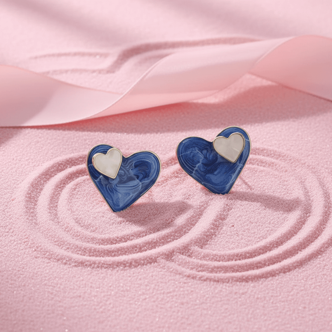 Vintage French-Style Blue & White Heart Stud Earrings